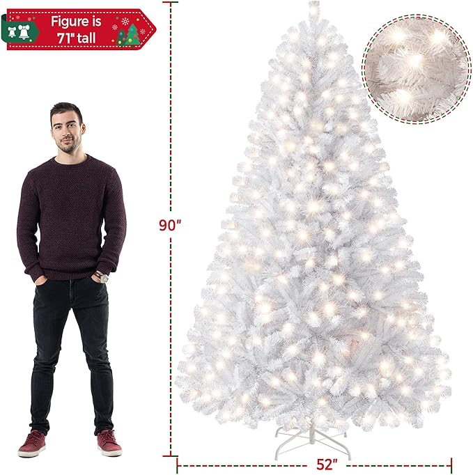 Yaheetech 7.5ft Pre-lit Spruce Artificial Hinged Christmas Pine Tree Prelighted Holiday Xmas Tree for Home Party Decoration with 550 Warm White Lights and 1354 Branch Tips, White