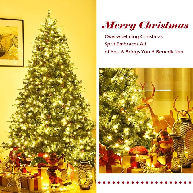 GOFLAME 7ft Artificial Pre-lit Christmas Tree with Warm White LED Lights and Pine Cones, Home Holiday Décor, Hinged, 925 Branches for Indoor Decoration Easy Setup