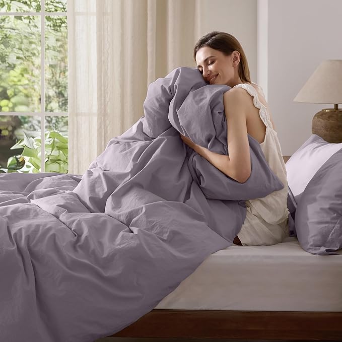 Bedsure 100% Washed Cotton Duvet Cover Queen Size - Lavender Minimalist Cotton Duvet Cover Linen Like for All Seasons - GentleSoft™ Plain Simple Bedding (Lavender, Queen, 90"x90")