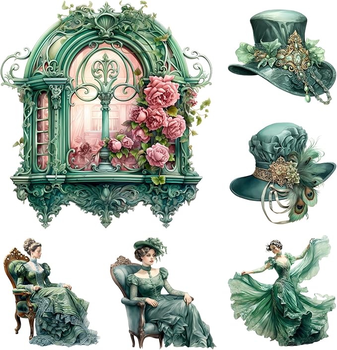 XERE 102 Pcs Green Victorian Era Scrapbook Stickers Set, Aesthetic Sticker for Scrapbooking and Journaling, Junk Journal Supplies, Bullet Journals Materials, Planner Arts Craft Collage Supplies