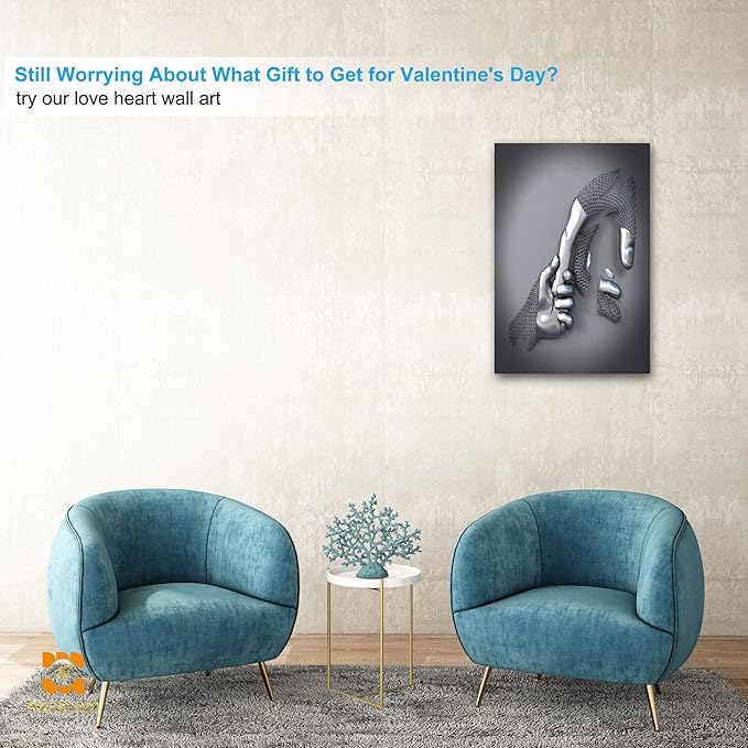3D Metal Effect Canvas Wall - 3D Wall Art Decor Artwork hold hands Silver Modern Art Canvas Painting, Large Wall Art for Bedroom Dercorations Framed 24”x36”x1Pcs