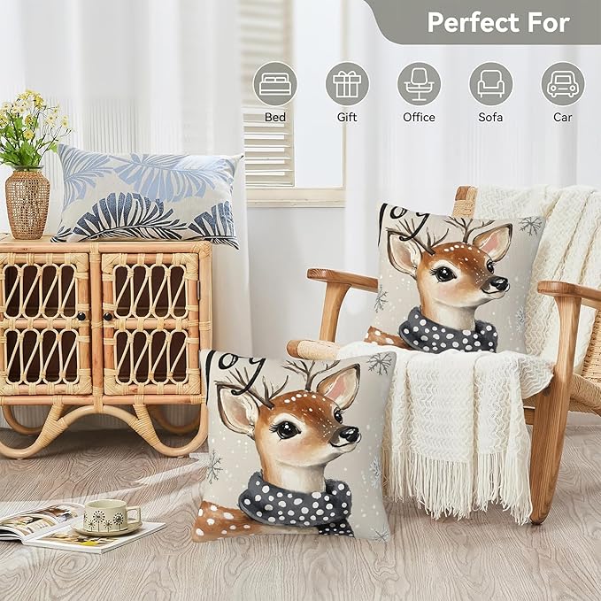 Christmas Pillow Covers 18X18, Christmas Deer Joy Decorative Throw Pillow Covers, Winter Snowflake Deer Pillow Cover Pillowcase Cushion Case for Home Sofa Couch Indoor Outdoor Set of 2
