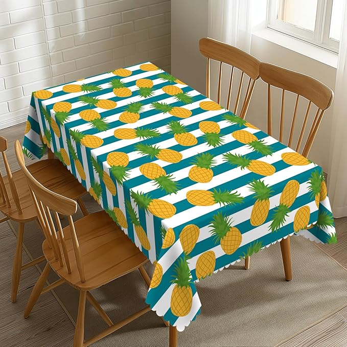 Pineapple Tablecloth Pineapple Blue and White Stripes Rectangle Tablecloth Fruits Decorative Table Cover 54×72 Inch Washable Table Cloth for Kitchen Dining Room Party