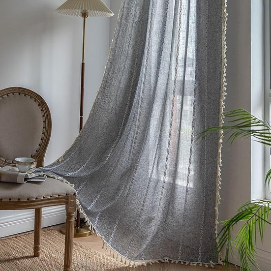 Sutuo Home Boho Curtains for Bedroom Living Room, Semi Blackout Linen Farmhouse Vintage Chic Tassels Window Treatment Bohemian Embroidery Drape, Rod Pocket 1 Panel 52" W x 72" L, Black Grey