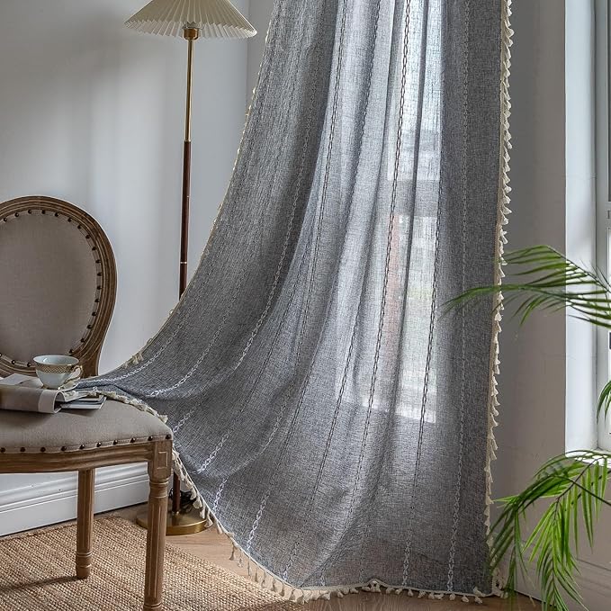 Sutuo Home Boho Curtain for Bedroom Living Room Kitchen, Semi Blackout Linen Farmhouse Shabby Chic Tassels Window Treatment Bohemian Embroidery Drape, Rod Pocket 1 Panel 52" W x 84" L, Black Grey