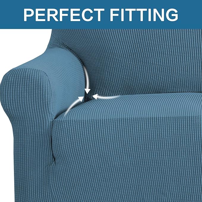 H.VERSAILTEX Stretch Sofa Covers Couch Covers for 2 Cushion Couch Sofa Pet Friendly with Elastic Bottom, Textured Checked Jacquard Fabric(Loveseat 58"-70" Wide, Dusty Blue)