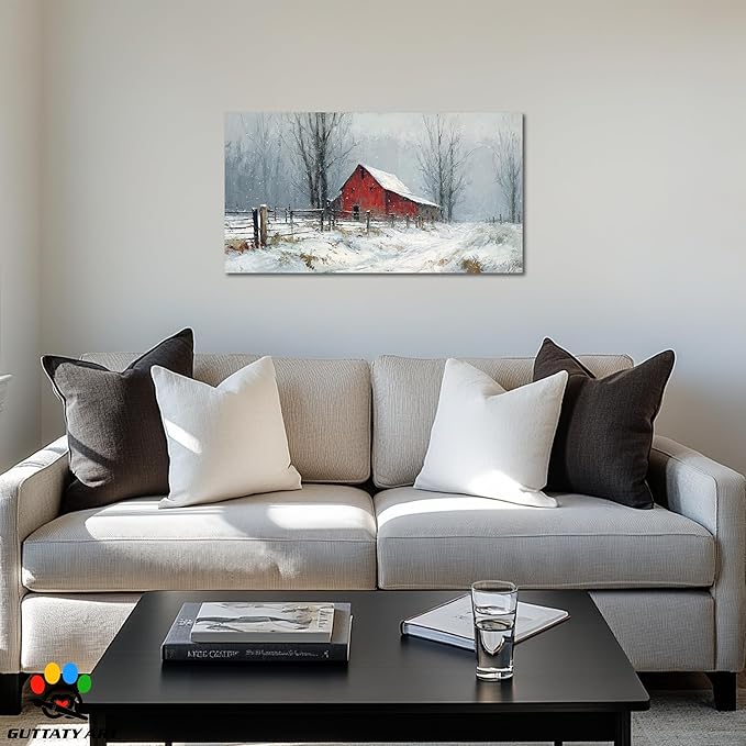 GUTTATY Christmas Winter Scene Canvas Wall Art, Rustic Red Barn Pictures, Snowy Landscape Wall Print, Country Farmhouse Canvas Painting, Festive Hanging Artwork for Living Room Decor, 40x20 Inch