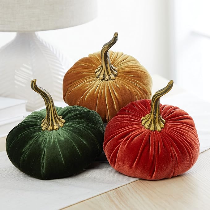 Set of 3 Velvet 6.25 Inch Pumpkins, orange pumpkin decor, Thanksgiving centerpiece, hygge home, elegant bookshelf accent, Halloween indoor decor, tiered tray accent for kitchen (Rust, Gold, Olive)