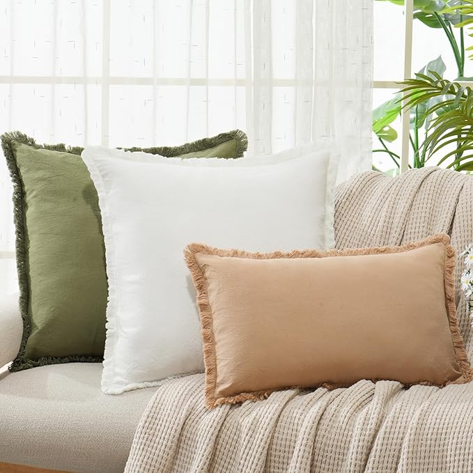 ZWJD Pillow Covers 26x26 Set of 2 Army Green Throw Pillow Covers with Fringe Chic Cotton Decorative Pillows Square Cushion Covers for Sofa Couch Bed Living Room Farmhouse Boho Decor