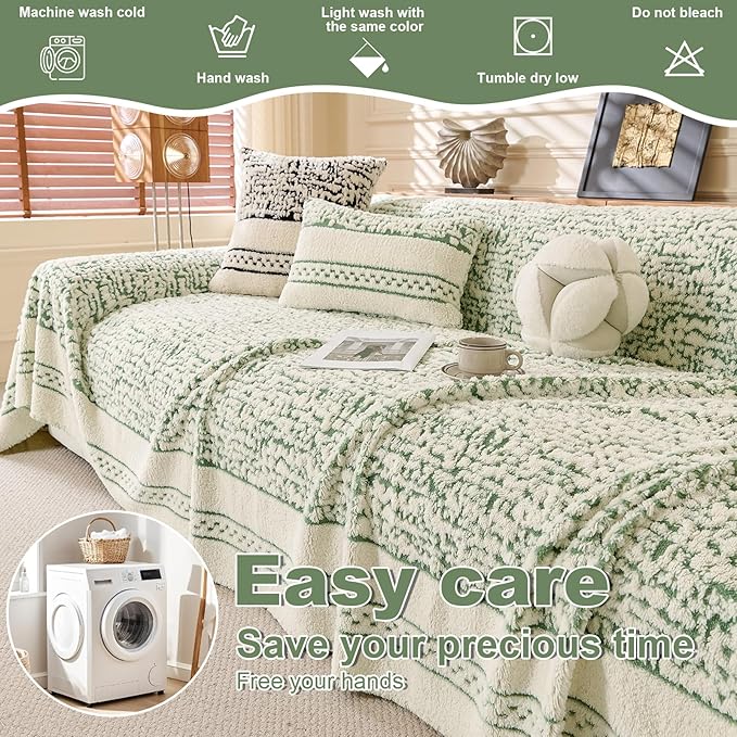 ROOMLIFE Thicked Striped Boho Green Couch Cover for 2-3 Cushion Sofa, Fuzzy Plush Warm Sofa Slipcovers Sectional Sofas Covers, Non Slip Washable Furniture Protector Soft with Tassel,Winter 71''X118”