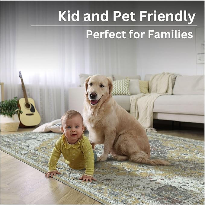 Bloom Rugs Washable Non-Slip 4' x 6' Rug - Yellow Traditional Medallion Area Rug for Living Room, Bedroom, Dining Room, and Kitchen - Exact Size: 4' x 6'
