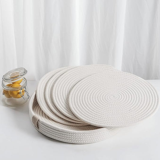 Art PineCone's Woven Cotton Rope Round Placemats Set of 4 with Holder Included, Non-Slip, and Heat Resistant Shabby Chic Placemats (Off White, 13 inch)