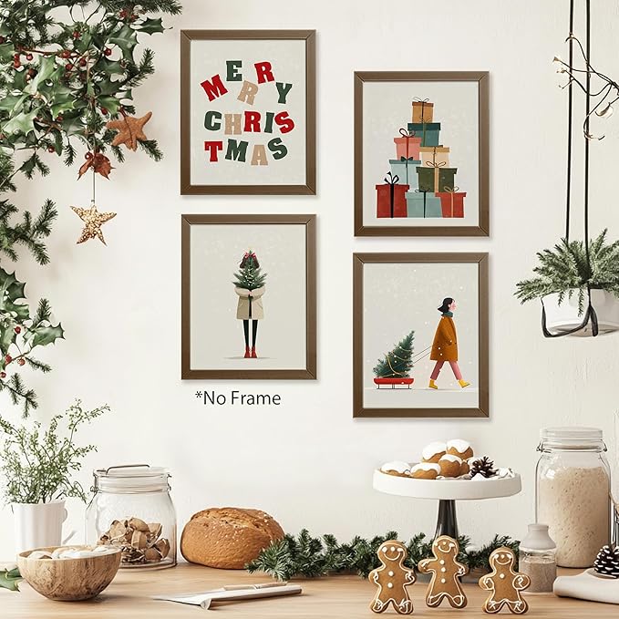 AEHIE Merry Christmas Boho Wall Art Poster Prints for Home Gallery Living Room Bathroom, Minimalist Watercolor Xmas Decor, Xmas Tree Winter Wall Art Unframed 4pcs 8x10inch