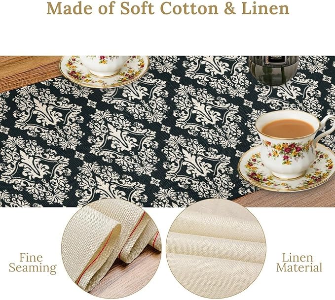Damask Pattern Table Runner ,Exquisite Black White Baroque Table Runner for Kitchen Dining Party Decor 13x90in