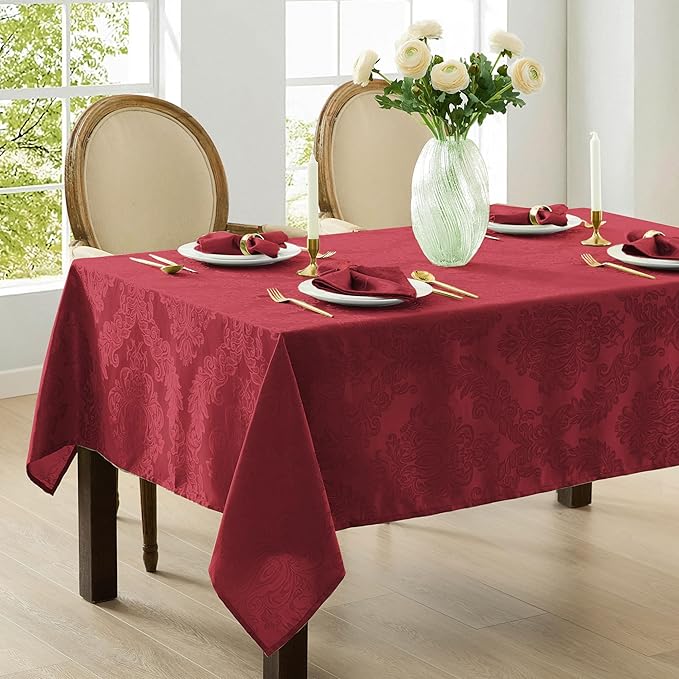 Newbridge Barcelona Damask Fabric Tablecloth, 60 x 144 Inch Rectangle, Burgundy – No Iron, Soil Resistant Table Cover for Dining, Parties and Holidays