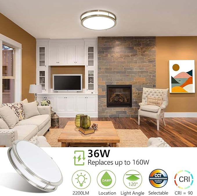 hykolity 16 inch Dimmable LED Flush Mount Ceiling Light Fixture, Brushed Nickel, 36W, 2200LM, 2.7/3/3.5/4K/5K Adjustbale, 120°Light Angle, CRI80, Ceiling Lamp for Bedroom, Kitchen, Office, ETL Listed