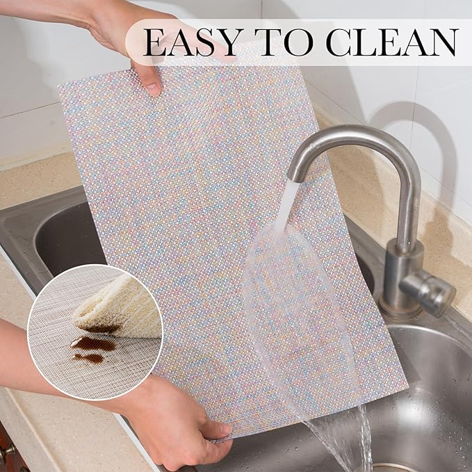 BACKTOEDEN Placemats Set of 8 Heat Resistant Washable Wipeable Placemat Woven Non-Slip Foldable Vinyl/Plastic Place Mats Indoor/Outdoor Mat Kitchen Dining Table Pad, Bright Silk Colorful