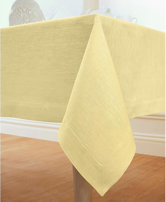Solino Home Linen Tablecloth 60 x 120 Inch - 100% Pure Linen Chambray Yellow Table Cloth for Rectangular Tables - Athena, Machine Washable Cloth Tablecloth