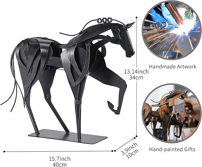 Handmade Horse Statue - Unique Rustic Decor for Office & Home - Hand-Painted Metal Sculpture - Perfect Handicraft Gift for Horse Lovers (Black)