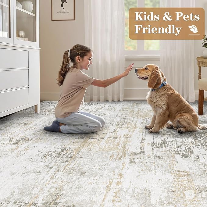5x7 Area Rugs for Living Room: Washable Modern Abstract Rug Soft Non Slip Rug Indoor Low Pile Carpet for Bedroom Dining Room Home - Beige Grey Brown
