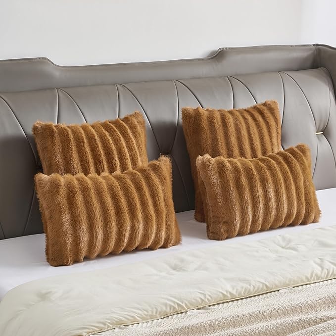 FUTEI Camel Decorative Throw Pillow Covers 12x20 Inch Set of 2,Soft Fluffy Faux Rabbit Fur Dyeing Striped Textured Lumbar Pillow Case,Modern Home Decor for Couch Bed Living Room