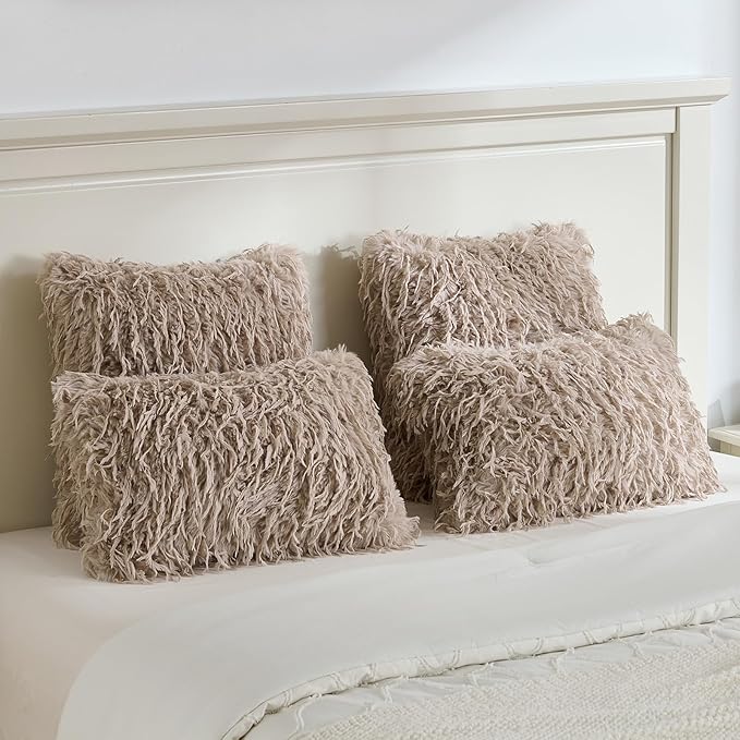 FUTEI Khaki Decorative Throw Pillow Covers 24x24 Inch Set of 2,Soft Fluffy Faux Feather Texture European Cushion Cases,Modern Home Luxury Decor for Couch Bed Living Room