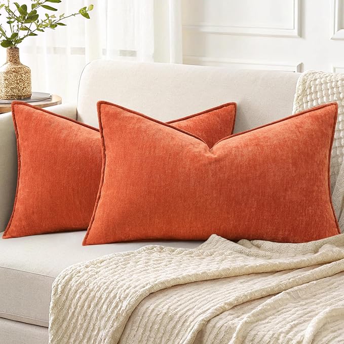 decorUhome Christmas Couch Throw Pillow Covers 12x20 Set of 2, Decorative Soft Euro Velvet Neutral Chenille Lumbar Pillow Covers with Elegant Design for Sofa Bed Living Room Home Decor, Rust