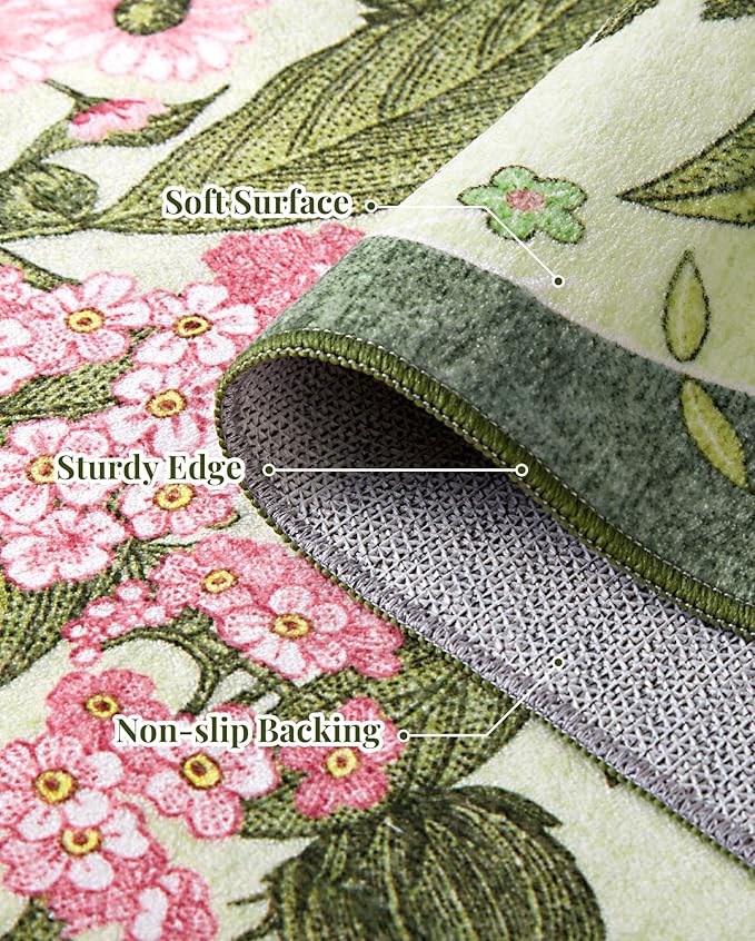 Door Mat Indoor Entrance 2x3 - Floral Rug Washable Small Area Rug Non-Slip Low Pile Rugs for Entryway, Kitchen, Bedroom, Entry, Bathroom - Green