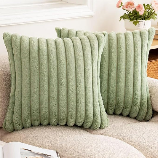Double-Sided Faux Fur Plush Throw Pillow Covers 16x16 Set of 2 Fuzzy Striped Soft Cozy Pillowcase Luxury Decorative Pillows Christmas Square Cushion Covers for Couch Sofa Bed,Sage Green