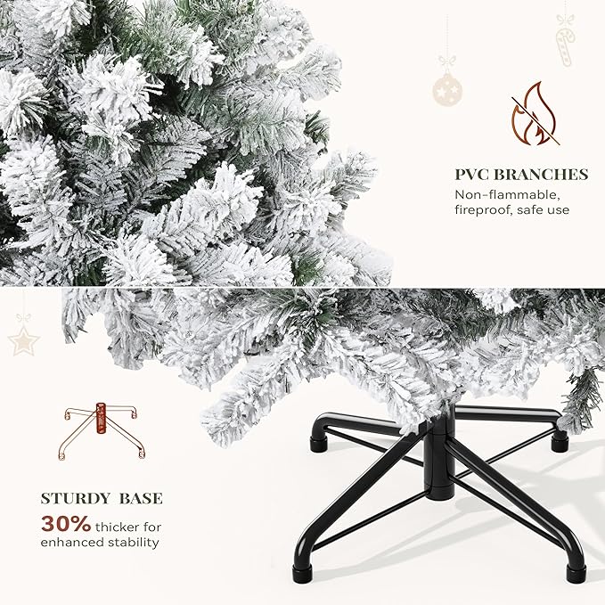 YITAHOME 6 FT Prelit Snow Flocked Christmas Tree with Remote, Hinged Pine Christmas Tree with 250 Warm White/Multicolor Changing Lights, 1100 Branch Tips, and Foldable Base for Home, Party Decoration