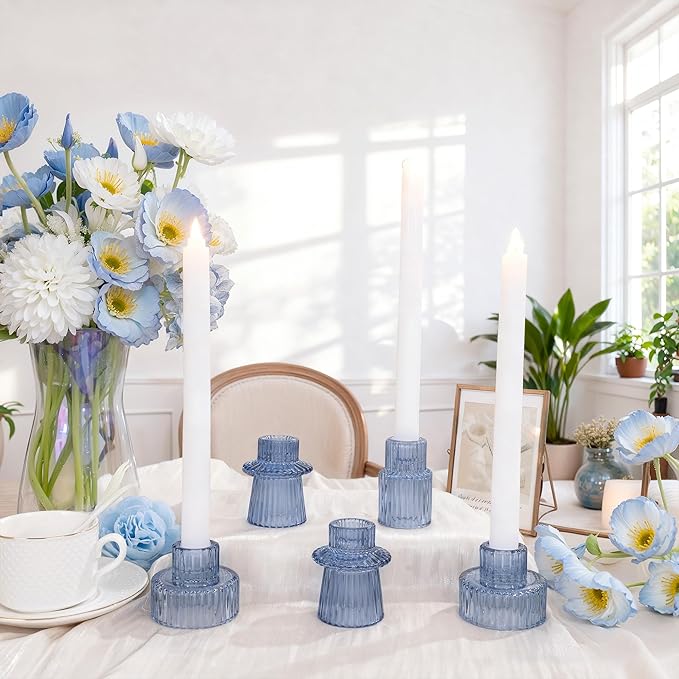 WELLIFE Blue Glass Candle Holder, 3 Pcs Tapered Candlestick Holders, Blue Glass Candlestick Holder for Table Centerpieces, Wedding Decor & Dinner Party