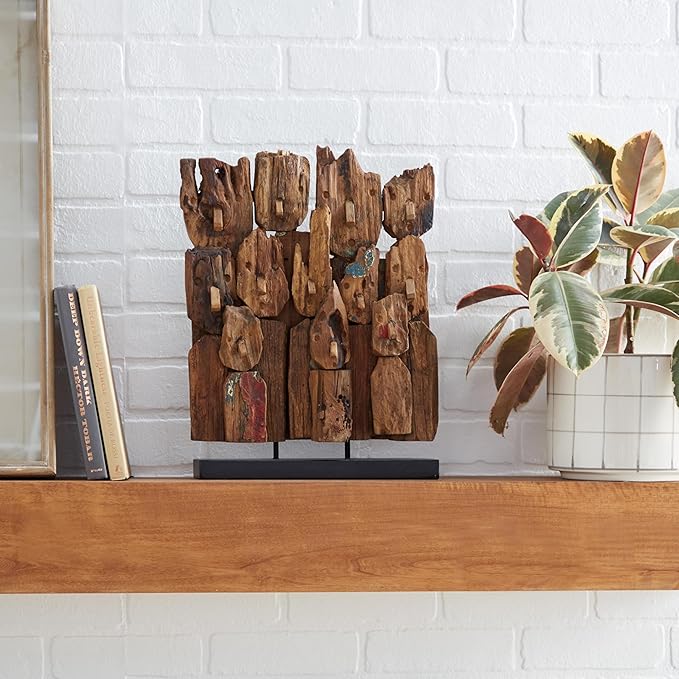 Deco 79 Teak Wood Abstract Handmade Decorative Sculpture Carved Home Decor Statue with Faces, Accent Figurine 13" x 4" x 16", Brown