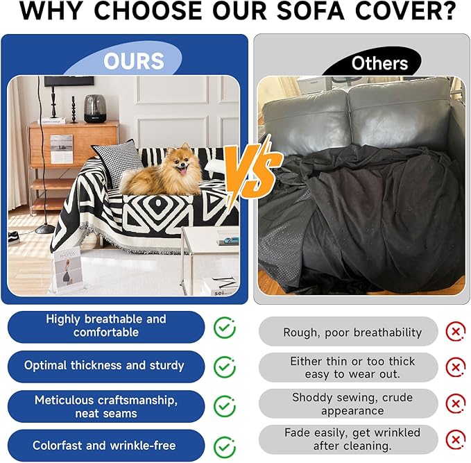 VClife Couch Cover Boho Sofa Covers, Non Slip Chenille Couch Cover for 3 Cushion Couch Pet Friendly, Washable Black Sofa Protector for Dog Home Furniture Protector with Tassel, 91"x134"