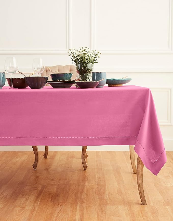 Solino Home Linen Tablecloth for Rectangle Tables 60 x 120 Inch - Classic Hemstitch 100% Pure Linen Flamingo Pink Table Cloth - Machine Washable Cloth Tablecloth