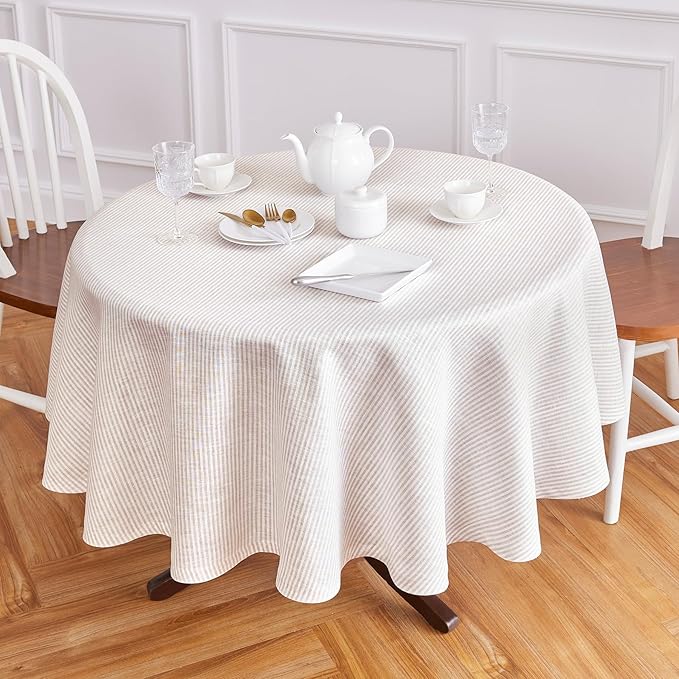 Solino Home Linen Round Tablecloth 70 Inch - Narrow Stripe, 100% Pure Linen Natural and White Round Tablecloth - Machine Washable Table Cloth for Fall, Autumn, Thanksgiving, Christmas, Holiday, Winter