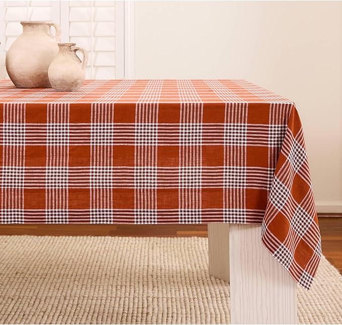 Solino Home Linen Plaid Tablecloth 52 x 52 Inch - 100% Pure Linen Glen Check Nutmeg Table Throw - Machine Washable Square Table Cloth for Fall, Autumn, Thanksgiving, Holiday