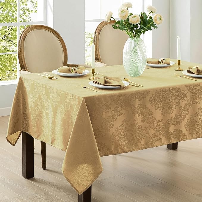 Newbridge Barcelona Damask Fabric Tablecloth, 60 x 84 Inch Rectangle, Gold – No Iron, Soil Resistant Table Cover for Dining, Parties and Holidays