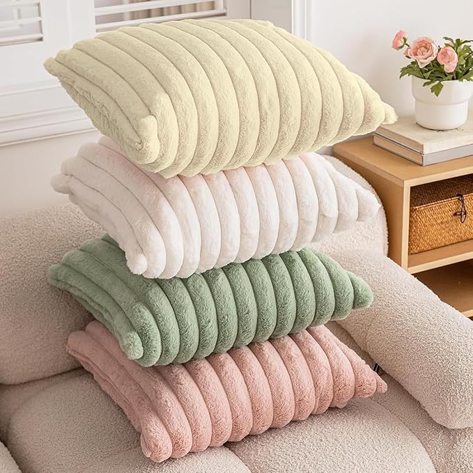 Double-Sided Faux Fur Plush Throw Pillow Covers 20x20 Set of 2 Fuzzy Striped Soft Cozy Pillowcase Luxury Decorative Pillows Square Shaggy Cushion Covers for Couch Sofa Bed,Beige