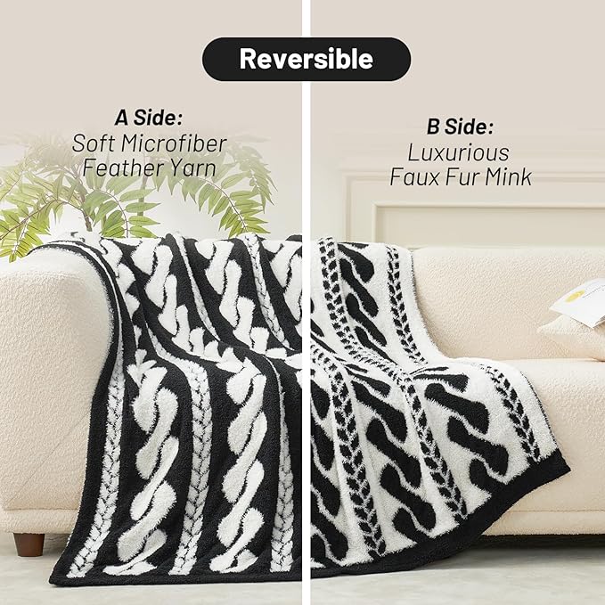 Amélie Home Cable Knit Throw Blanket for Couch, Bicolour Super Soft Fuzzy Blanket for Sofa, Luxury Cozy Fluffy Throw for Room Decor, 50" x 60", Cable Black & White