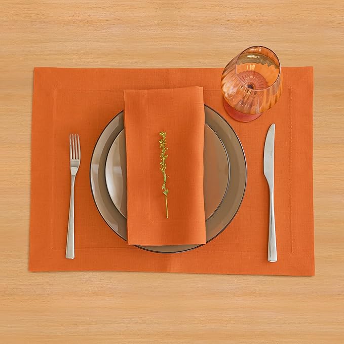 Solino Home Linen Placemats Set of 4 - Persimmon Orange Placemats 14 x 19 Inch - 100% Pure Linen Table Place Mats for Christmas, New Year - Fete