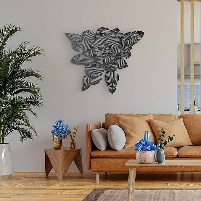 NEODECO 3D Flower Metal Wall Art, Floral Line Art, Minimalist home decor (Black, Small)
