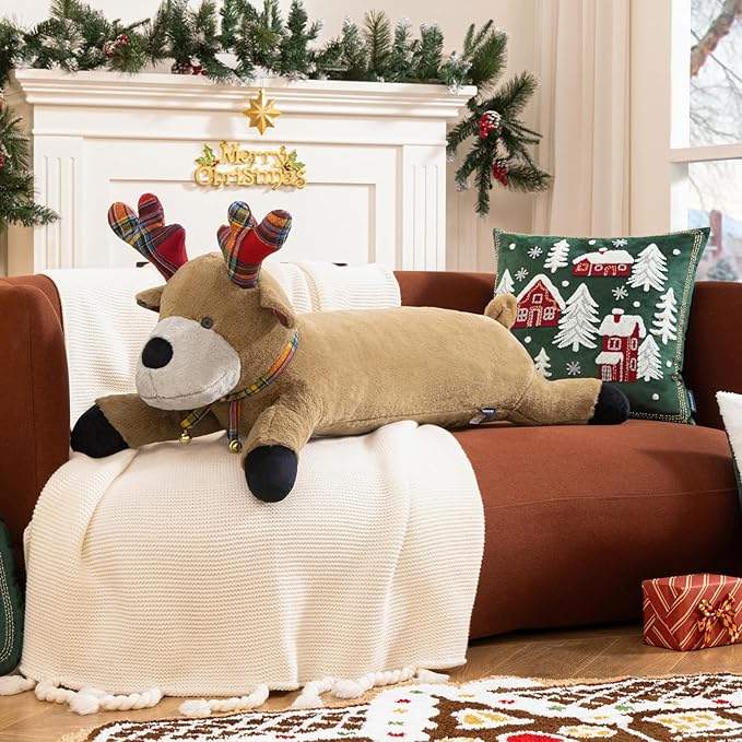 Phantoscope Christmas Animal Series, Reindeer Shaped Throw Pillow with Bell, Faux Rabbit Fur Christmas Body Pillow Decorative Pillows for Couch Sofa Bed, Light Brown Reindeer 30.5 x 9 inches