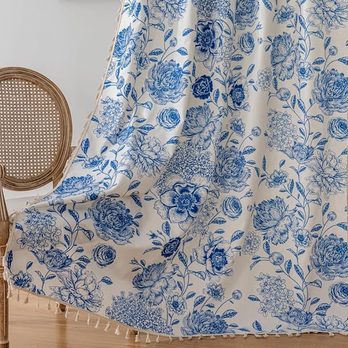 F-CHU Boho Curtains for Living Room 96 Inch Length French Country Floral Drapes Farmhouse Rustic Vintage Window Curtain Panels for Bedroom Chic Cotton Linen Closet Curtains，2 Panel Blue Curtain