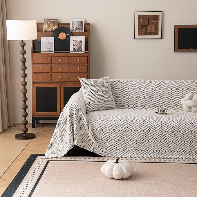 ROOMLIFE Striped Boho Gray Couch Cover for 2-3 Cushion Sofa, Fuzzy Plush Warm Sofa Slipcovers Sectional Sofas Covers, Non Slip Washable Furniture Protector Soft with Tassel,Winter 71''X134”