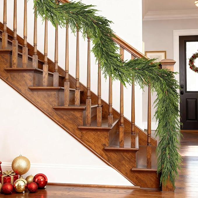 16FT Real Touch Norfolk Pine Garland - Artificial Christmas Garland Fake Green Faux Pine Needles Garland for Table Fireplace Mantle Holiday Home Indoor Outdoor Decor (1PCS)