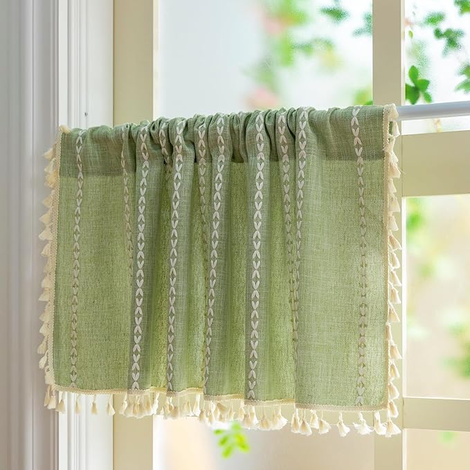 Sutuo Home Boho Short Valance Curtains with Tassles, Bohemian Linen Light Filtering Vintage French Country Christmas Window Treatment Embroidery Drape, Rod Pocket 1 Panel 52" W x 18" L, Sage Green