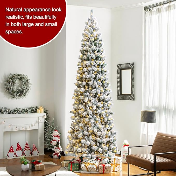 Glitzhome 11ft Prelit Artificial Christmas Tree, Flocked Pencil Christmas Tree with 700 Warm White/Multi-Color Lights, Remote Controlled Slim Pine Christmas Tree with Lights for Indoor Holiday Decor