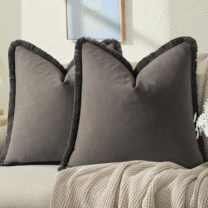 ZWJD Pillow Covers 24x24 Set of 2 Dark Gray Throw Pillow Covers with Fringe Chic Cotton Decorative Pillows Square Cushion Covers for Sofa Couch Bed Living Room Farmhouse Boho Decor