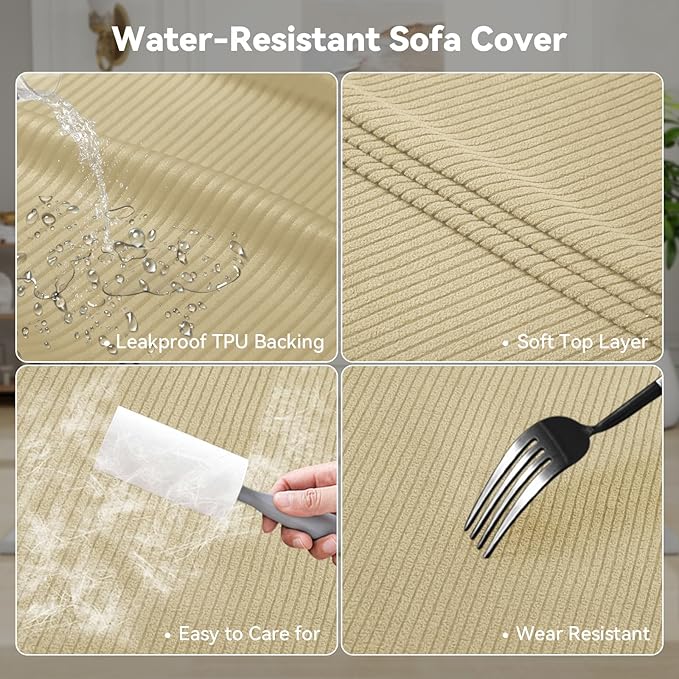 Waterproof Chair Cover with Arms 2-Piece Set Striped Slipcover for 1 Separate T Cushion Couch - TPU Fabric Armchair Covers Leakproof Couch Protector for Kids, Pets(Chair, Camel)