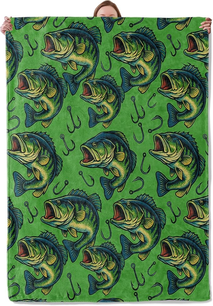 Fishing Bass Blanket Gifts for Women Girls Kids, Soft Warm Lightweight Flannel Green Largemouth Bass Fish with Hooks Throw Blankets for Bedroom Living Room Home Sofa Home Decor 50" x 60"